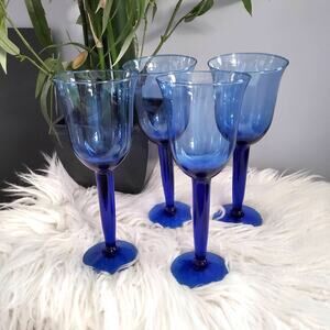 Tall Cobalt Blue  long Stem Wine Water Glasses Set of 4